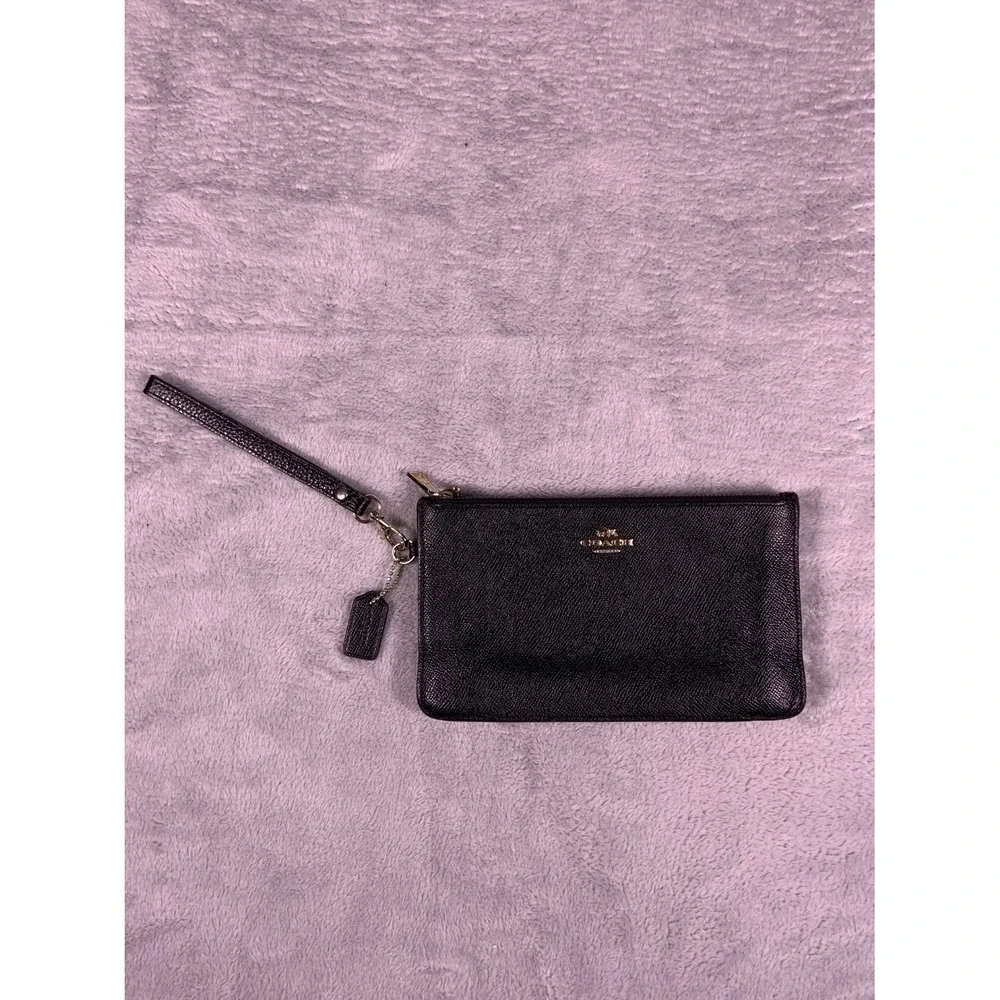 Coach Wristlet Wallet OS Black Leather Gold-tone Hardware Textured Exterior